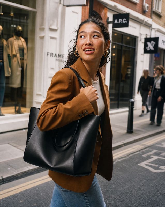 a woman walking down the street carrying a black purse