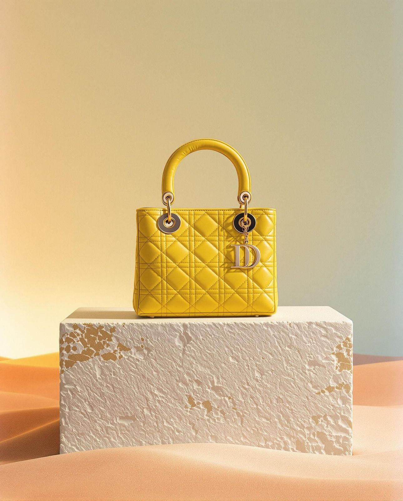 a yellow purse sitting on top of a white block