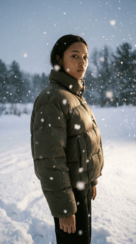 a woman standing in the snow in a parka