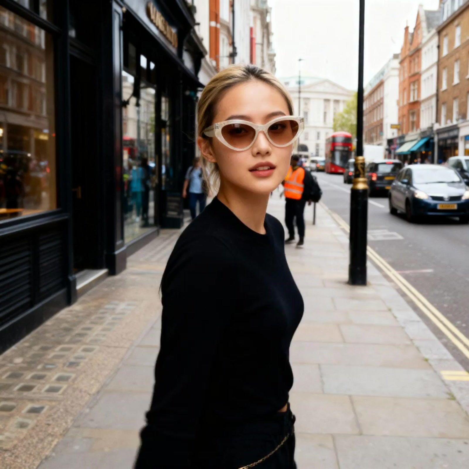 a woman in a black top and sunglasses on a city street