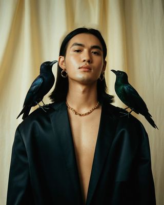a man with two birds on his shoulders