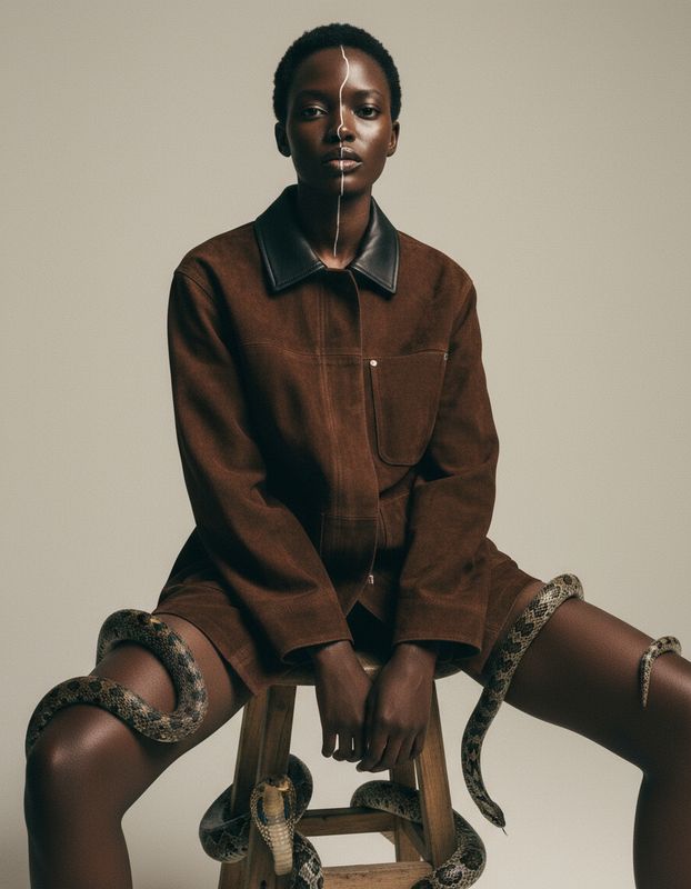 a woman sitting on a stool with a snake wrapped around her leg