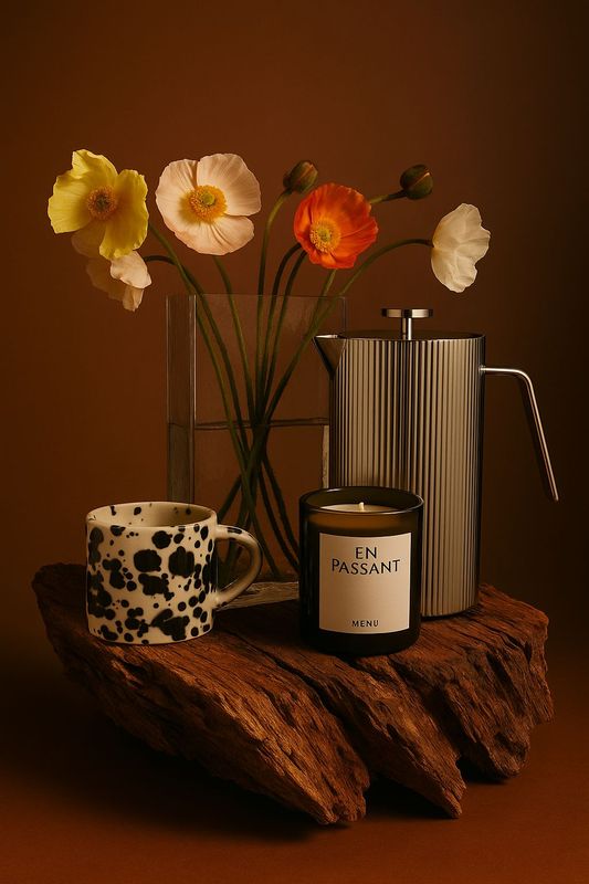 a vase with flowers and a candle on a table