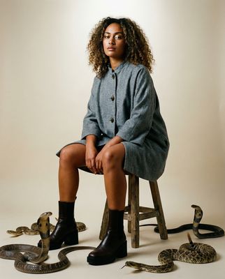 a woman sitting on a stool surrounded by snakes