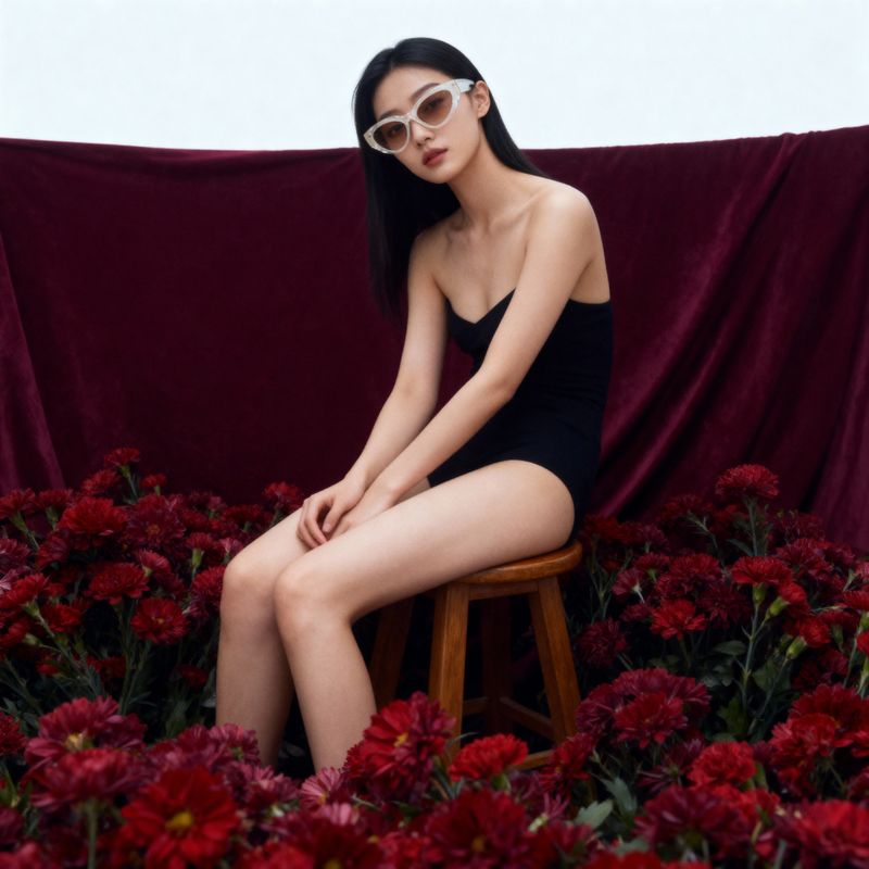 a woman in a black dress sitting on a stool