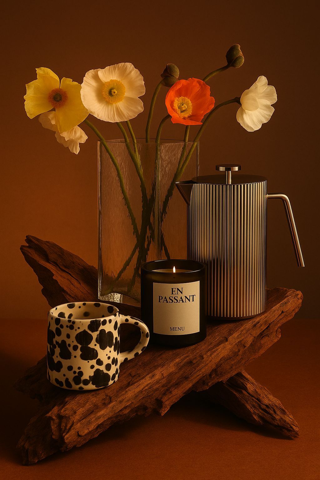 a vase with flowers and a candle on a table