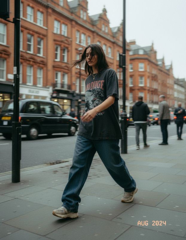 a man walking down a street next to a traffic light