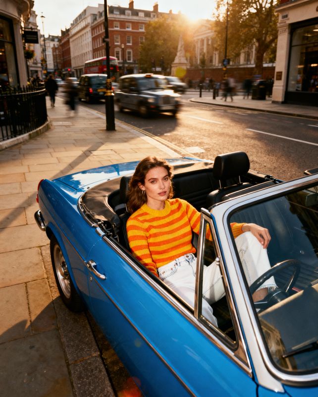 a woman sitting in the back of a blue car