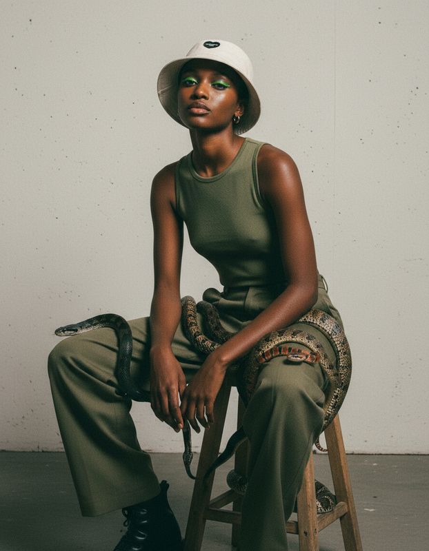 a woman sitting on a stool wearing a hat
