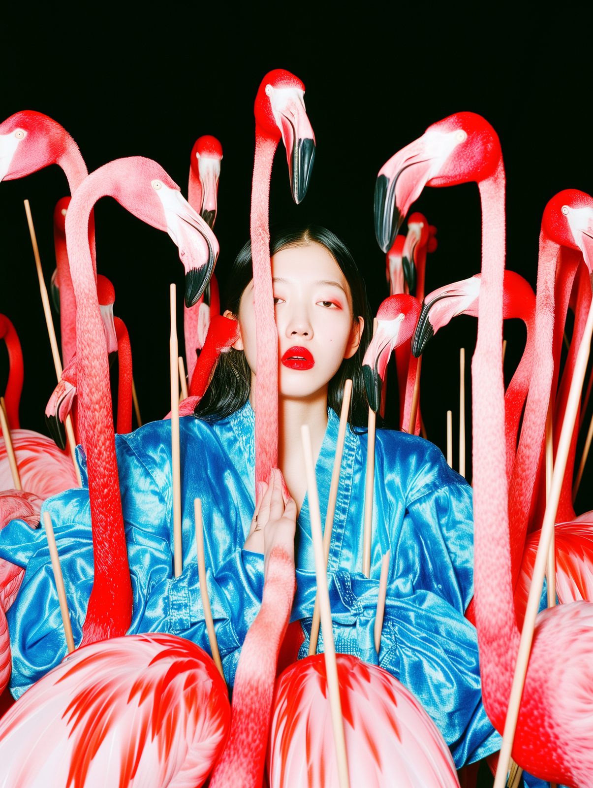 a woman in a blue dress surrounded by pink flamingos