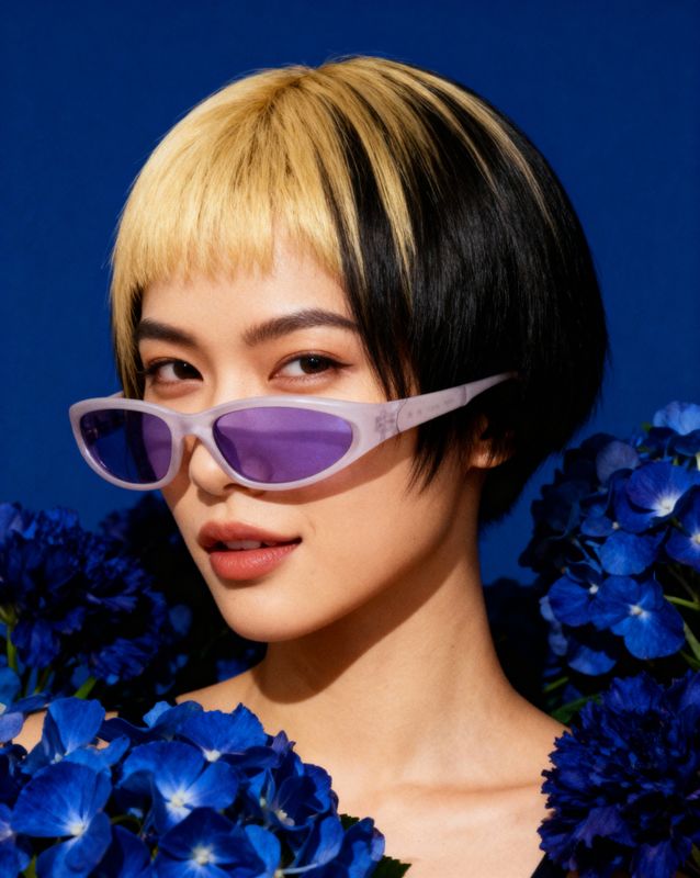 a woman with sunglasses and flowers in front of her