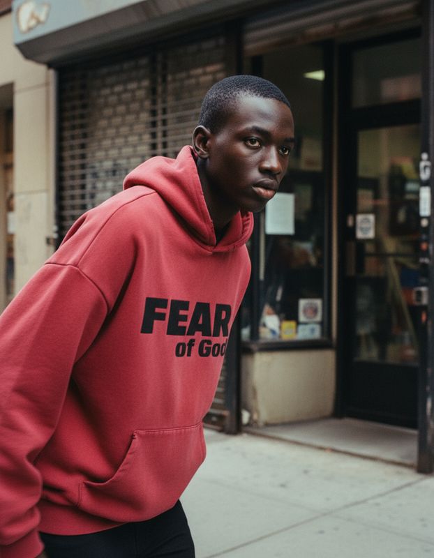a man in a red hoodie is walking down the street