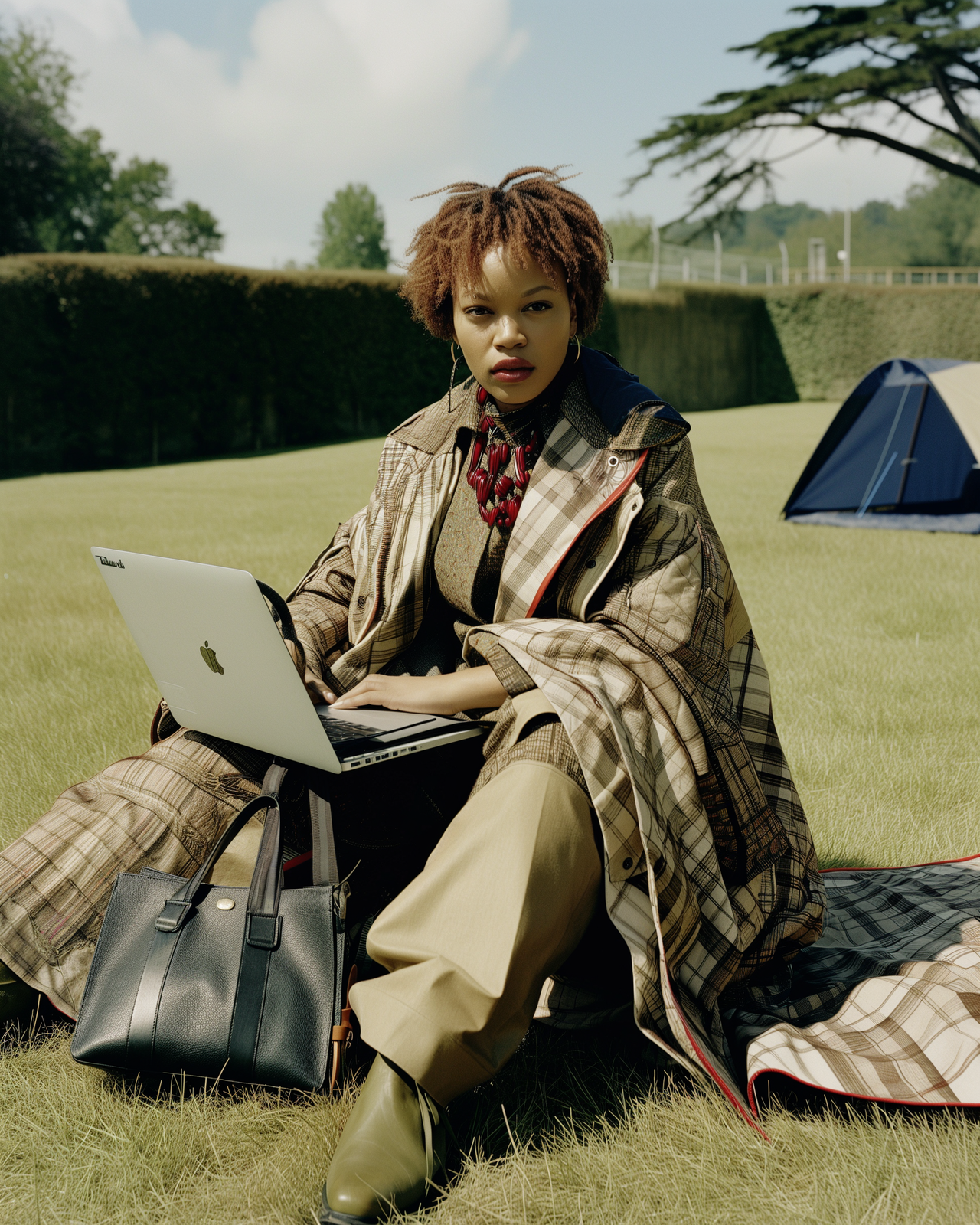 a woman sitting in the grass with a laptop