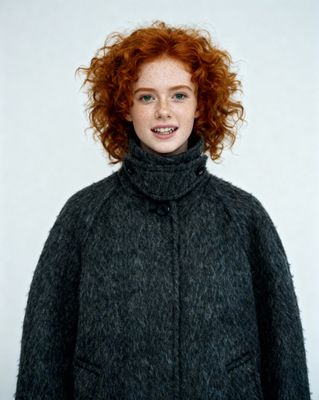 a woman with red hair wearing a black coat