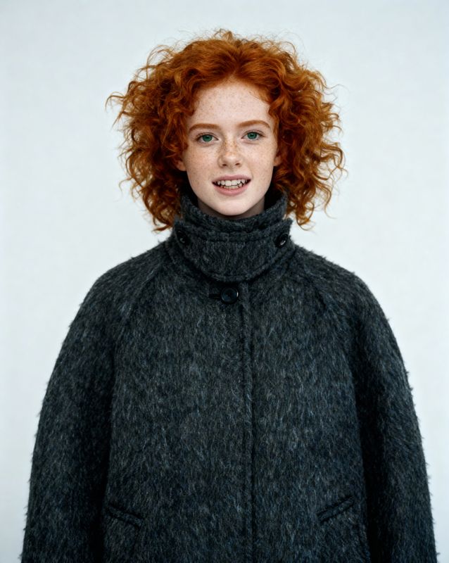 a woman with red hair wearing a black coat