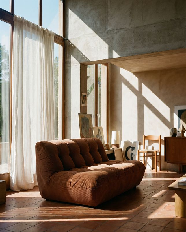 a living room filled with furniture and a large window