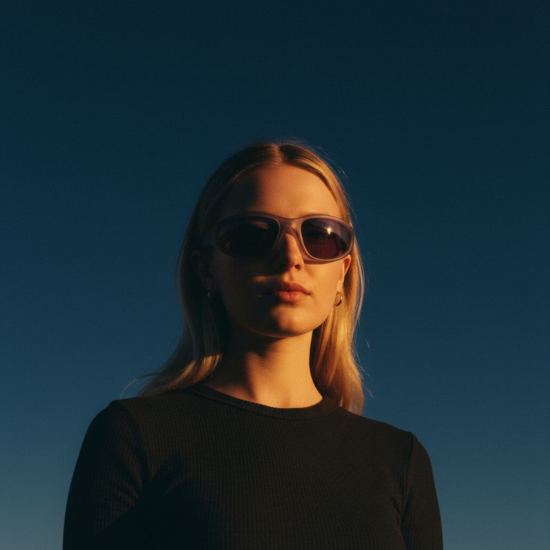 a woman wearing sunglasses standing in front of a blue sky