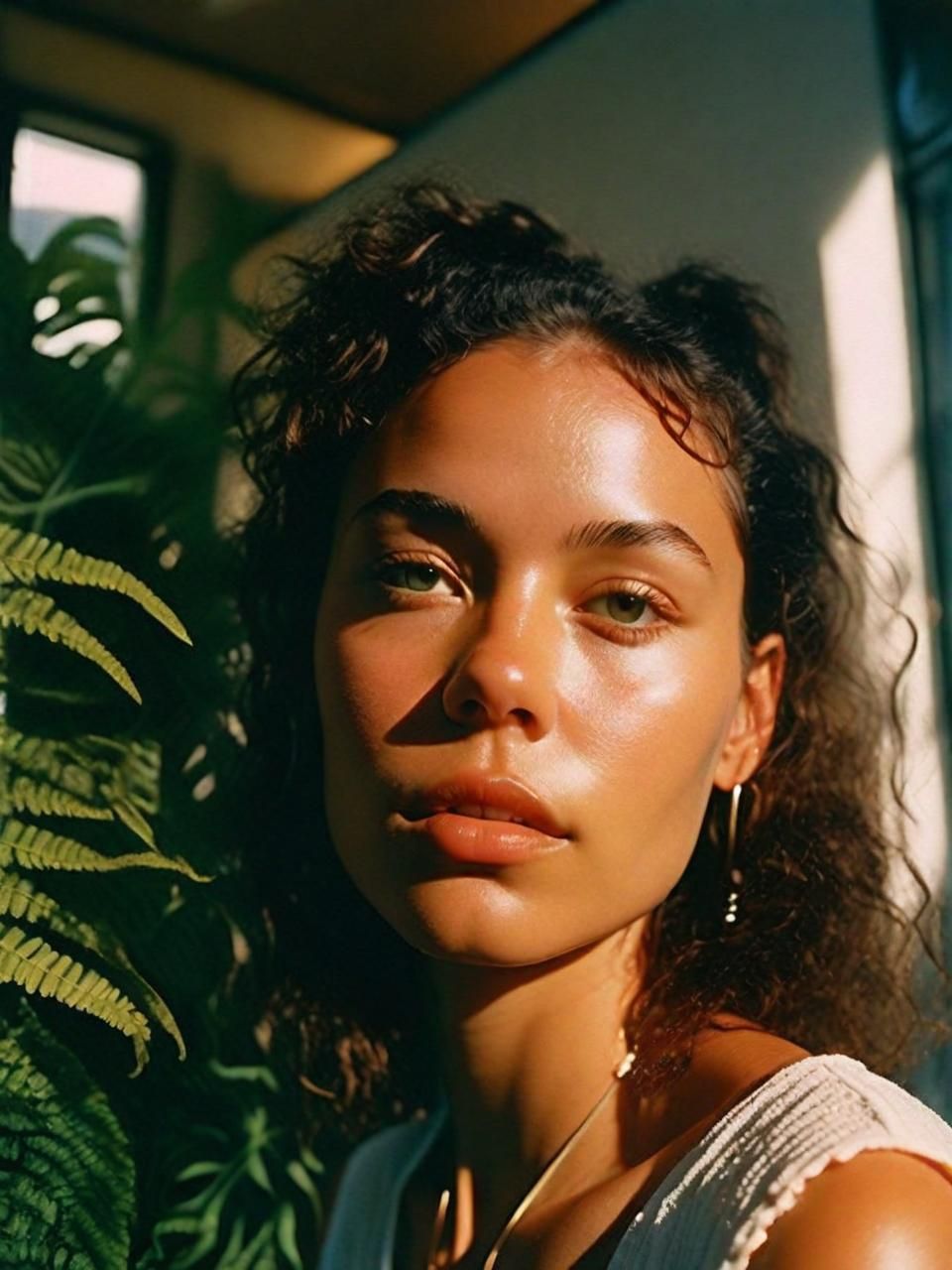 a woman standing in front of a window next to a plant