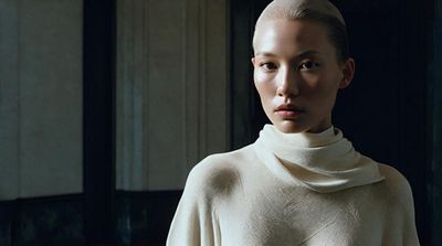 a woman with a shaved head standing in a room