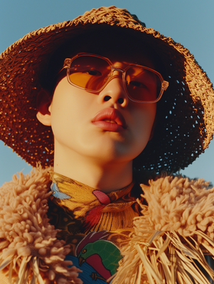 a woman wearing a straw hat and glasses