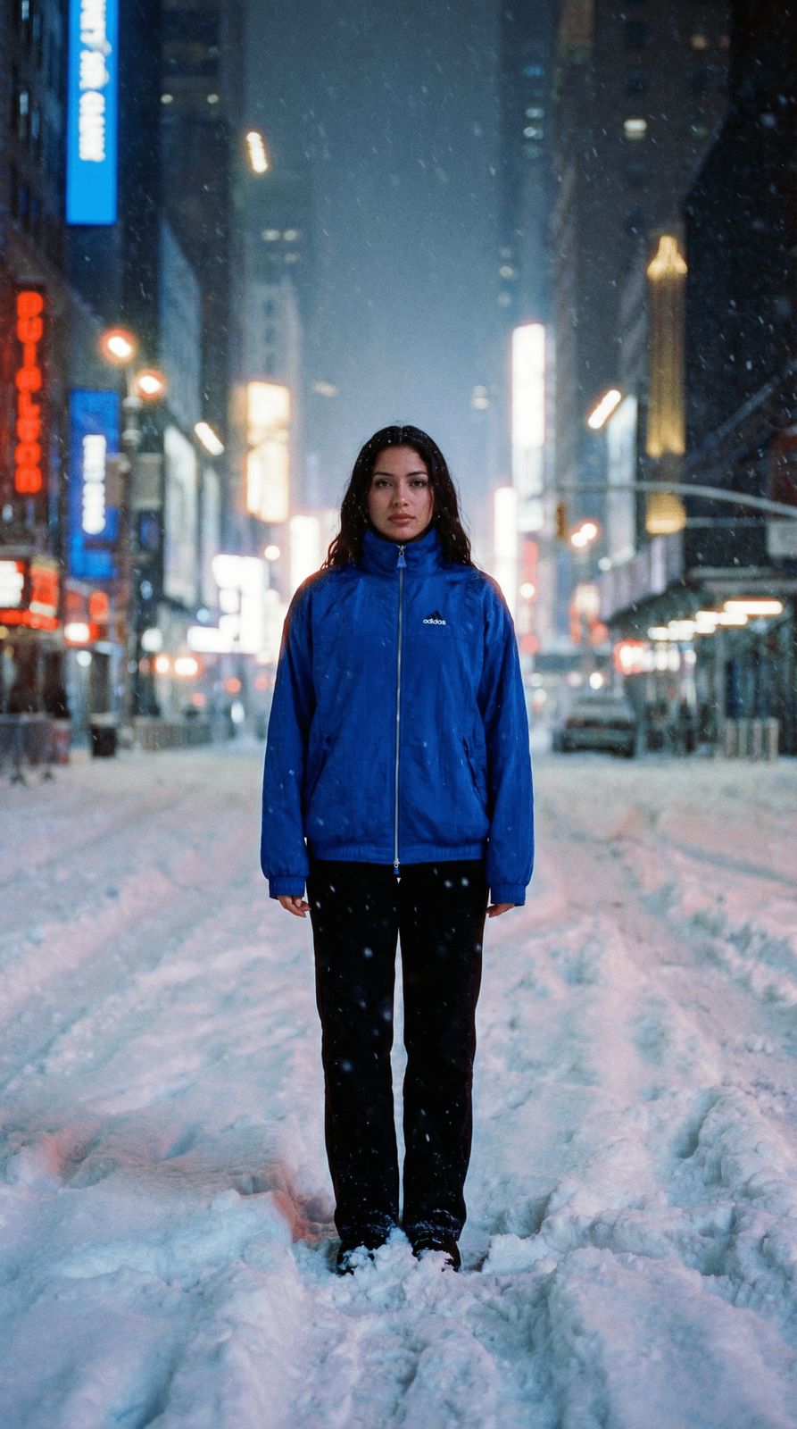 a woman standing in the middle of a snow covered street