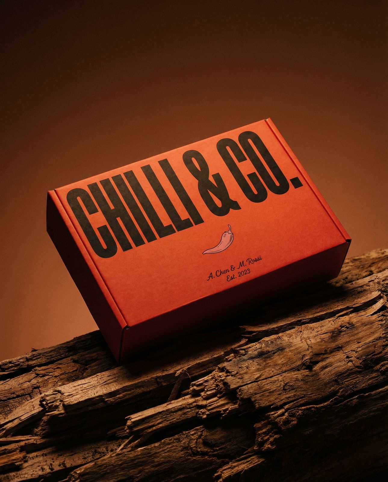 a box of chili and go sitting on a piece of wood