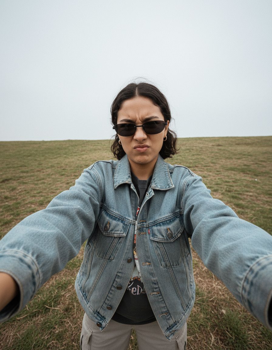 a woman wearing sunglasses and a jean jacket standing in a field