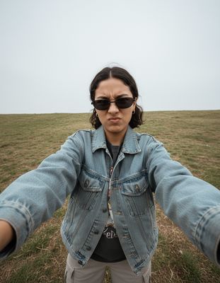 a woman wearing sunglasses and a jean jacket standing in a field
