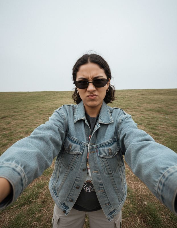 a woman wearing sunglasses and a jean jacket standing in a field
