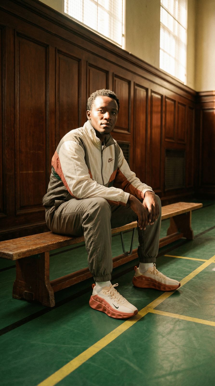 a man sitting on a bench in a building