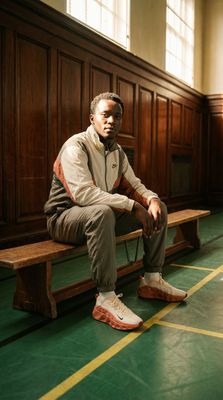 a man sitting on a bench in a building