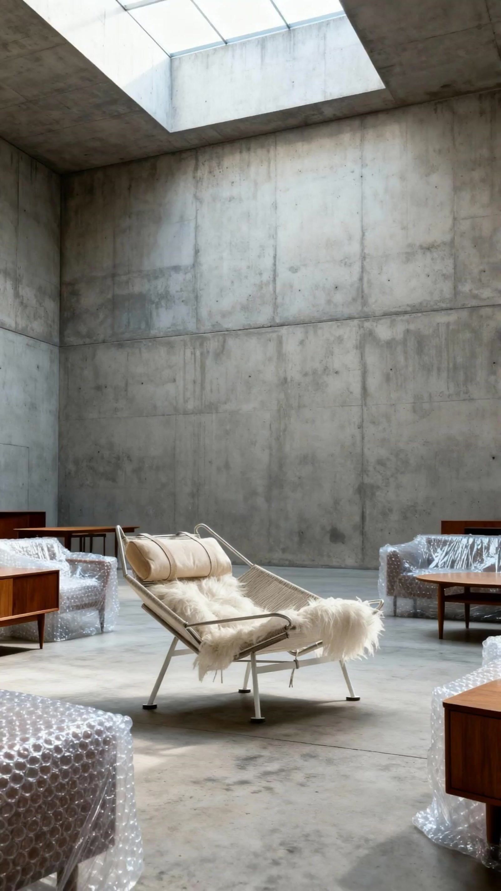 a room filled with lots of furniture and a skylight