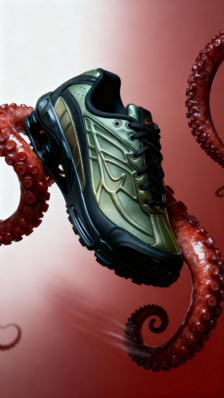 a pair of running shoes hanging from an octopus