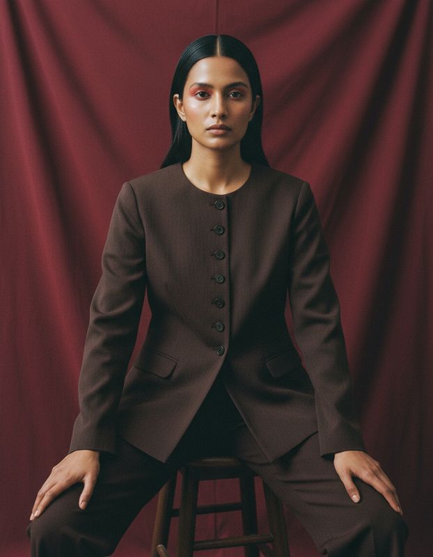 a woman sitting on top of a wooden stool
