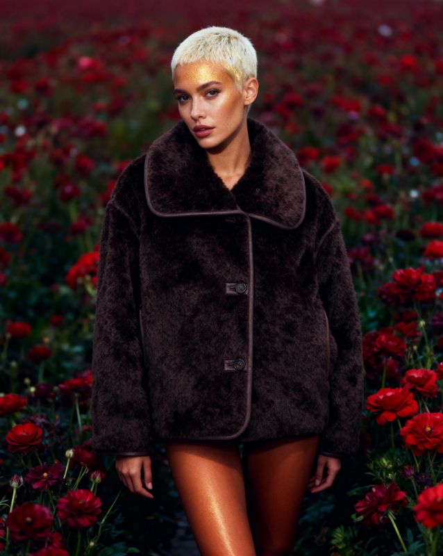 a woman standing in a field of flowers