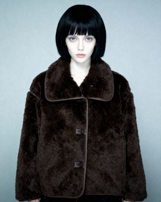 a woman wearing a brown coat and black pants