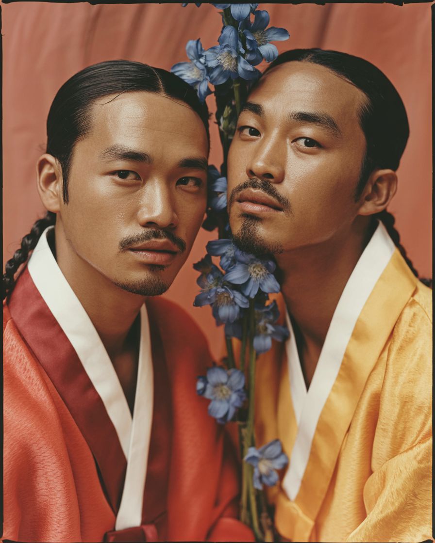 two asian men with flowers in their hair