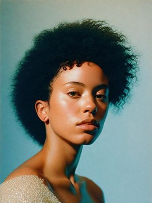 a woman with an afro is posing for a picture