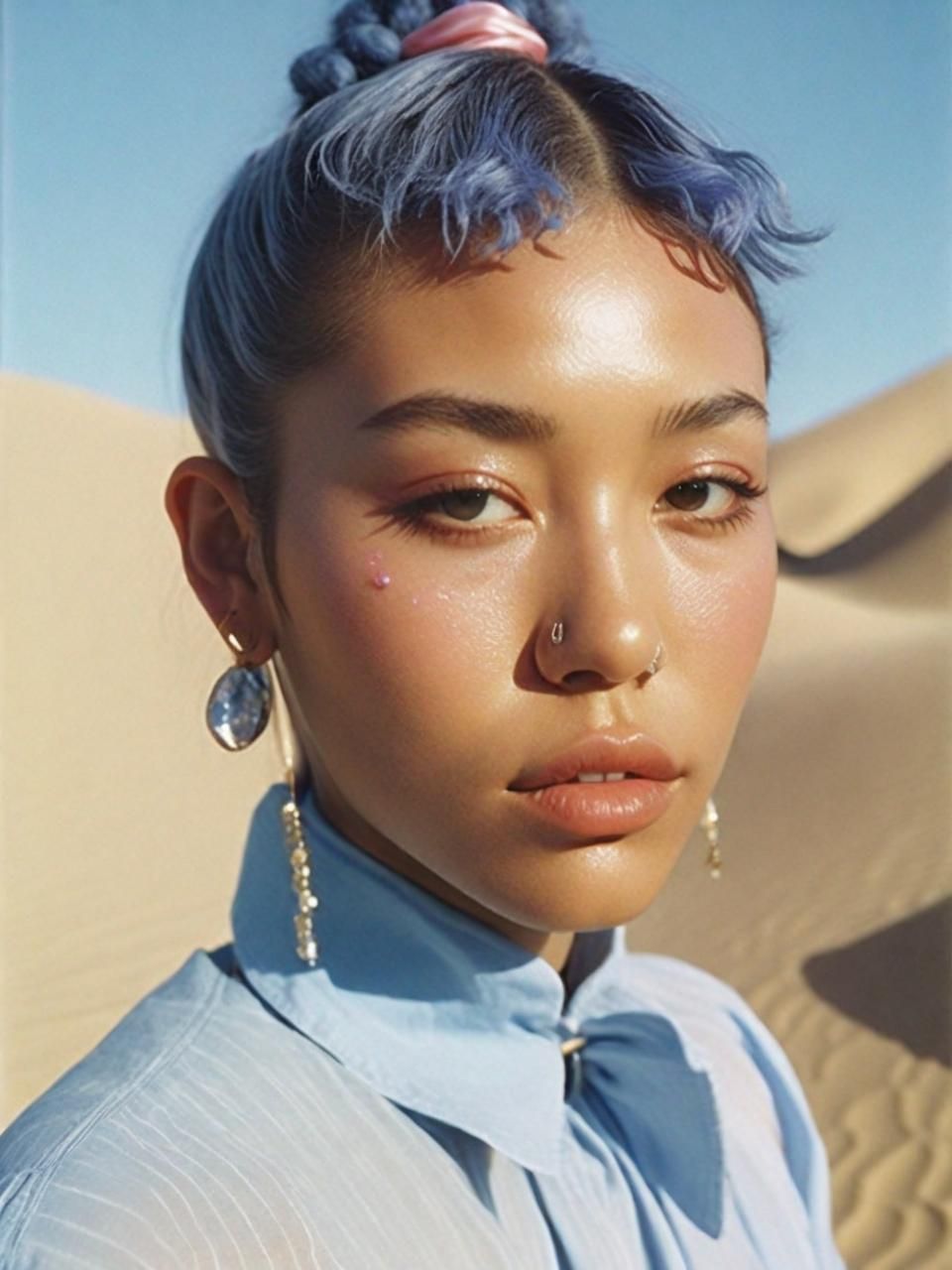 a woman with blue hair wearing a blue shirt and earrings