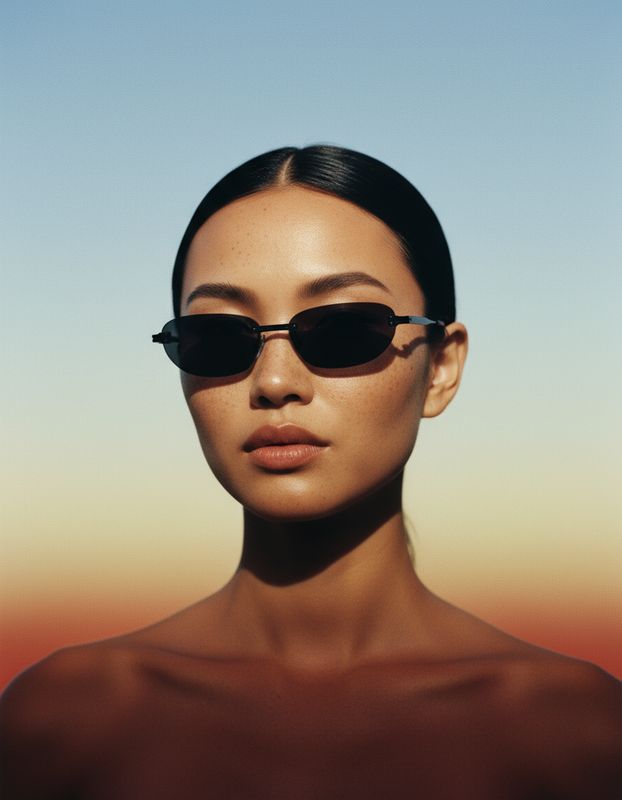 a woman wearing sunglasses with a sky background