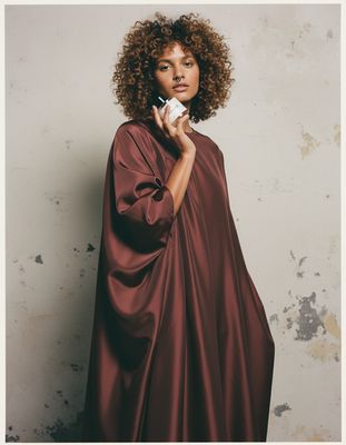 a woman with curly hair wearing a brown cape