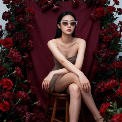 a woman sitting on a stool in front of flowers