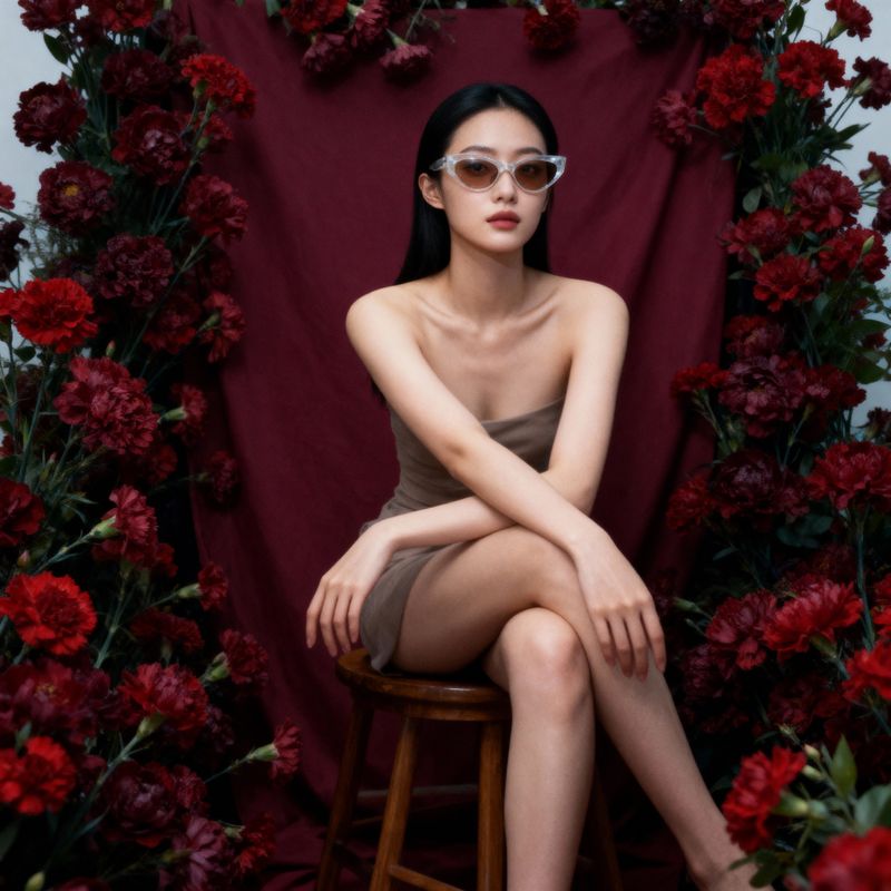a woman sitting on a stool in front of flowers