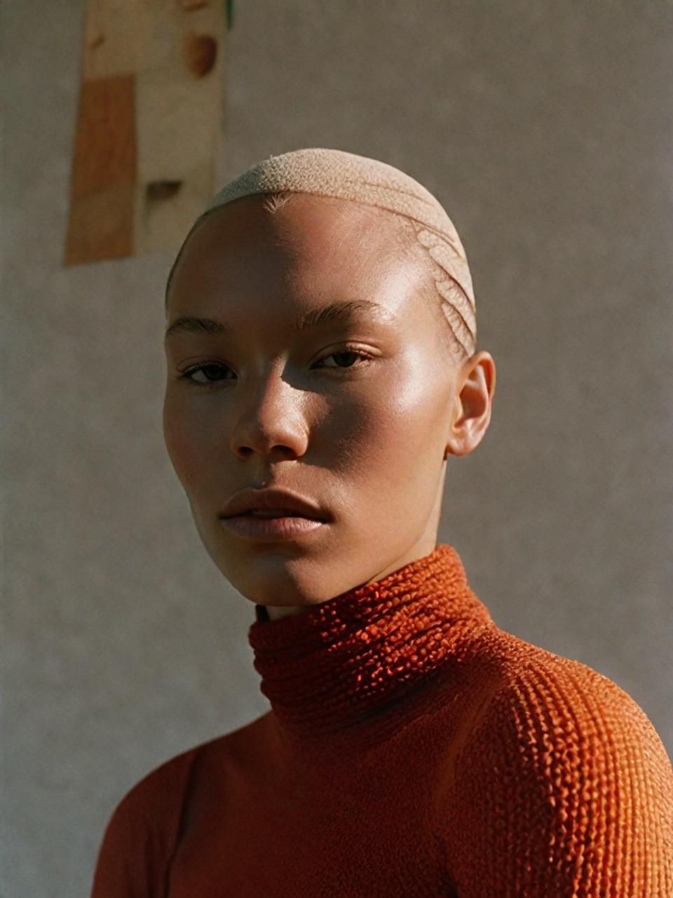 a woman with a shaved head and orange sweater