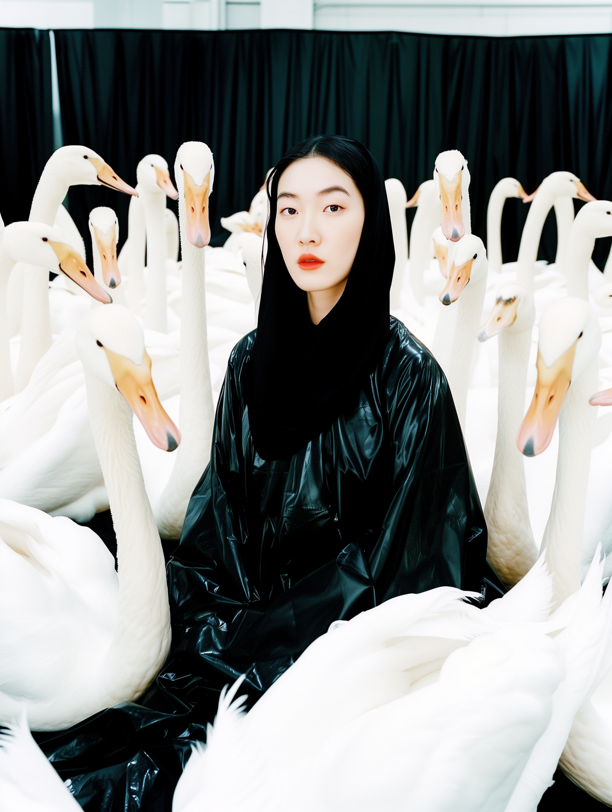 a woman in a black dress surrounded by white swans