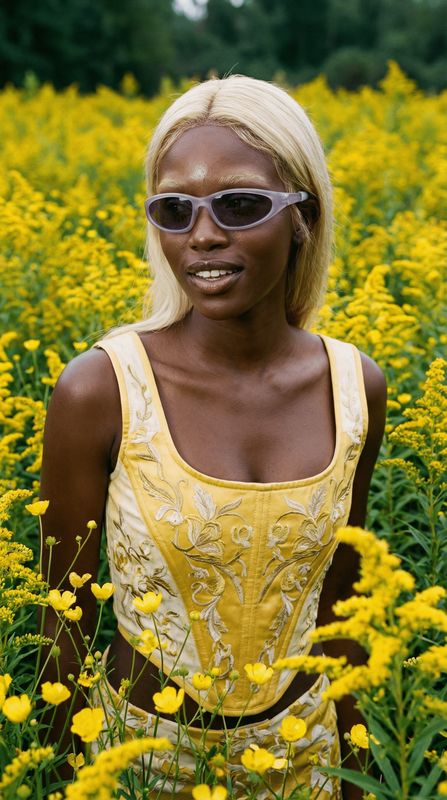 a woman standing in a field of yellow flowers