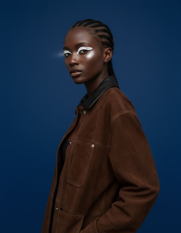 a woman wearing a brown jacket and a pair of eyeliners