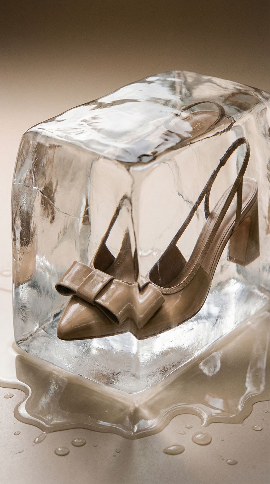 a pair of shoes sitting on top of an ice block