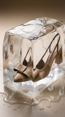a pair of shoes sitting on top of an ice block
