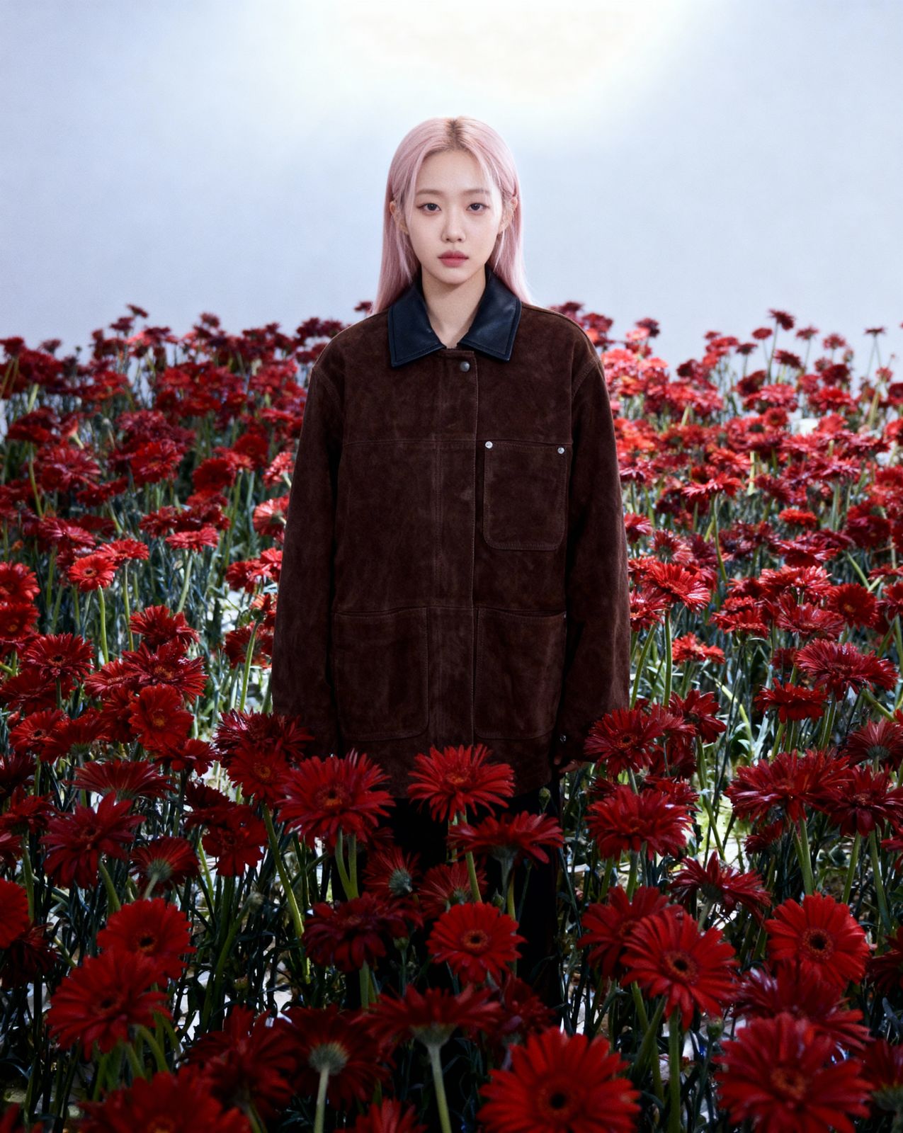 a woman standing in a field of red flowers